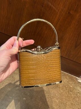 Gold-Trim Croc-Embossed Mini Top-Handle Bag in Tan